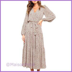 Long Sleeve Wrap V Neck Floral Maxi Dress Tie Waist Boho Chiffon